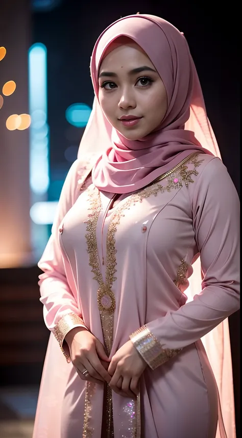 1 malay girl, modern plain hijab, shy, medium portrait, watery eyes, pink glowing particles, wearing pastel pink kebaya, ((big breasts)), pink light bokeh background, well-proportioned body,