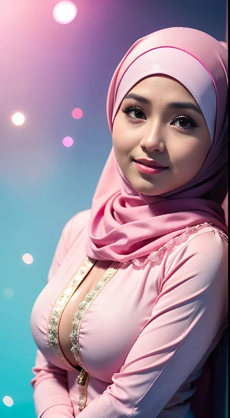 1 malay girl, modern plain hijab, shy, medium portrait, watery eyes, pink glowing particles, wearing pastel pink kebaya, ((big breasts)), pink light bokeh background, well-proportioned body,