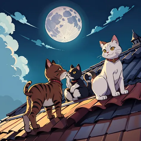 Cat looking up at the big moon、Cat on the roof