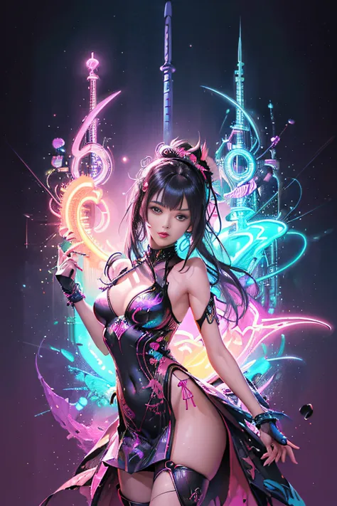 (masutepiece, of the highest quality, Best Quality, offcial art, Beautiful and aesthetic:1.2), (1girll:1.3), Extremely detailed,(Fractal Art:1.2),Colorful,highest details,( Zen Neon:1.2), (Dynamic Pose), (Abstract background neon lights:1.5), (Trident Dres...