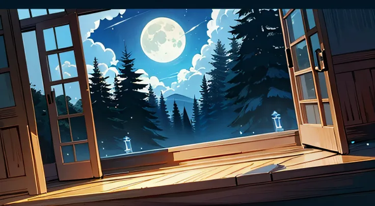 ((​masterpiece:1.4、top-quality))、(Square Robot、Moon Watching、Smile on the back screen、low angles、)、Sit on the porch、The view is a full moon over a pine forest、Clouds are flowing gracefully、