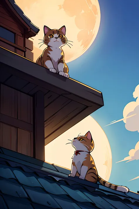 Cat looking up at the big moon、Cat on the roof