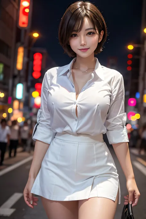 1ultimate beautifull matura woman, light smile, big breasts, short hair, white shirts, mini skirt, Tokyo street, night, cityscape, city lights, cowboy shot, depth of field, 8k, RAW photo, best quality, masterpiece, realistic, photo-realistic