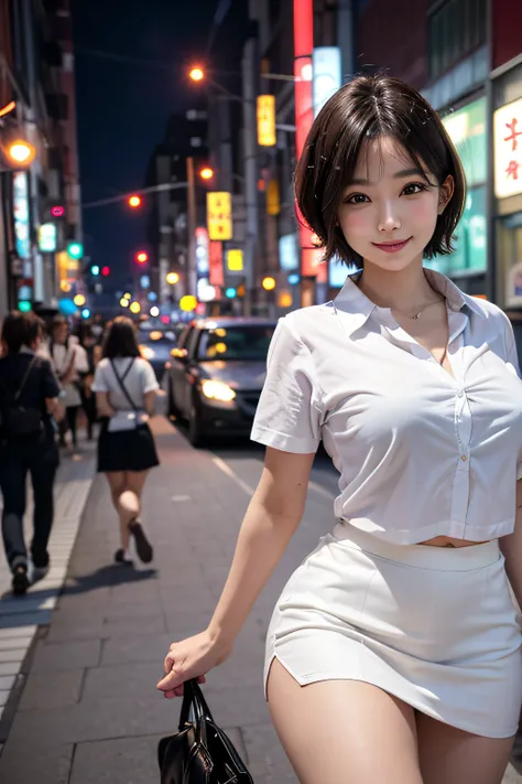 1ultimate beautifull matura woman, light smile, big breasts, short hair, white shirts, mini skirt, Tokyo street, night, cityscape, city lights, cowboy shot, depth of field, 8k, RAW photo, best quality, masterpiece, realistic, photo-realistic