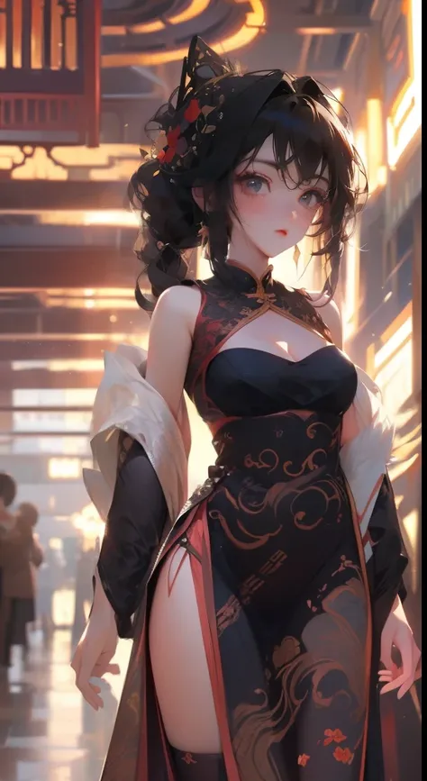 ((Best quality)), ((Masterpiece)), ((Ultra-detailed)), (illustration), (Detailed light), (An extremely delicate and beautiful),A charming young girl,Dramatic perspective,on cheongsam,blackstockings