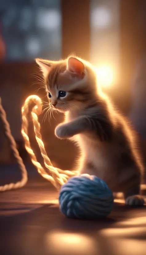 There was a kitten playing with a rope ball, lovely digital painting, adorable digital art, Glowing lights! Digital painting, Cute detailed digital art, Glowing lights!! Highly detailed, captivating glowing lights, beautiful glowing lights, cute 3 d render...