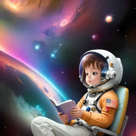 Create an inspirational image of a cute astronaut floating in the colorful expanse of space, engaged in everyday activities like reading, drawing, and exploring, with vibrant hues to captivate and ignite kids curiosity about the wonders of space science."