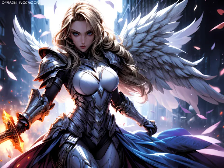 (comic book cover art: 1.5), an female archangel prepared for battle, an extremally beautiful warrior angel, ultra feminine, lon...