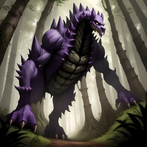 Monster character brightly 
purple color with big teeth in the forest in the darkness