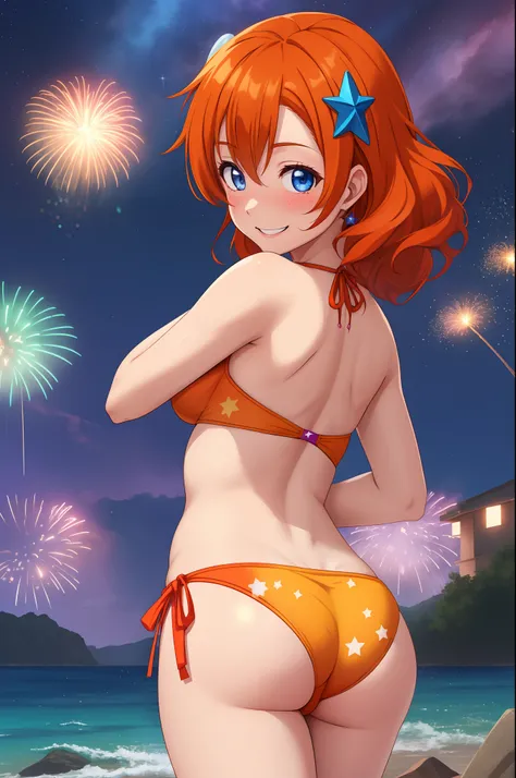 Kousaka honoka, cowboy shot, from behind,ass,butt crack, blue eyes, orange hair, sexy micro bikini, star-paint bikini, bracelet, sexy,curvy body, looking back at viewer, Blush, energetic smile, standing,crouching,in air, falling down, flying water drops,ha...