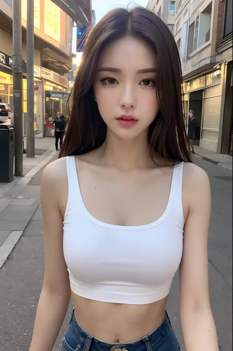 ((Realistic lighting, Best quality, 8K, Masterpiece: 1.3)), Clear focus: 1.2, 1girl, Perfect Figure: 1.4, Slim Abs: 1.1, ((Dark brown hair)), (White crop top: 1.4), (Outdoor, Night: 1.1), City streets, Super fine face, Fine eyes, Double eyelids,