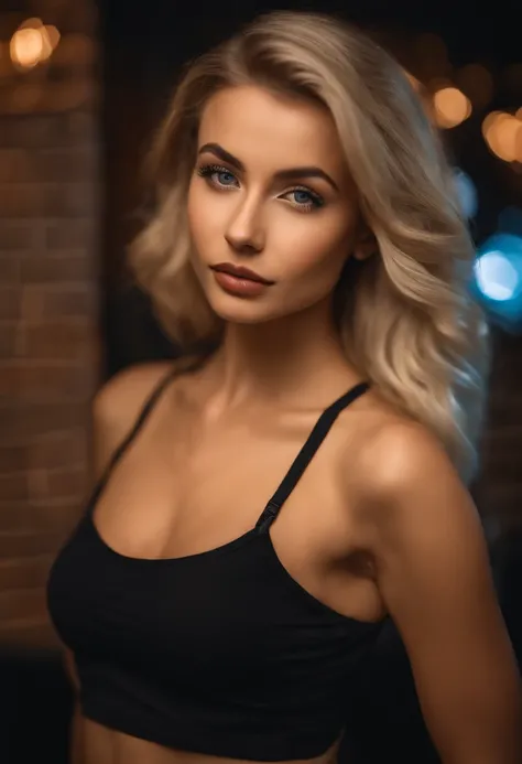 Blonde woman posing in nightclub with matching tank top and skirt, Sexy girl with blue eyes, portrait sophie mudd, blur backgroun, Best quality, 1girll, Portrait of Corinna Kopf, blonde hair and large eyes, selfie of a young woman, Orn makeup, natural make...