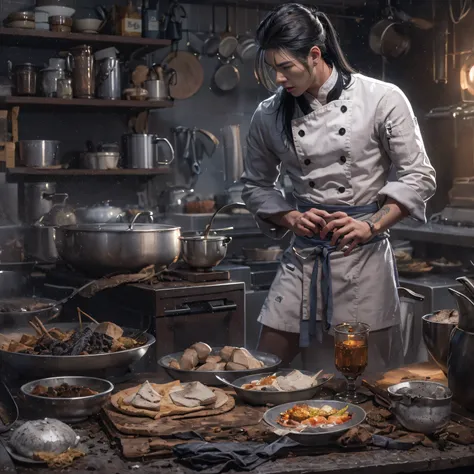 full body male chef 32k（tmasterpiece，k hd，hyper hd，32k）long flowing black hair，camping ruins area，zydink， a color， patriot （废墟），...