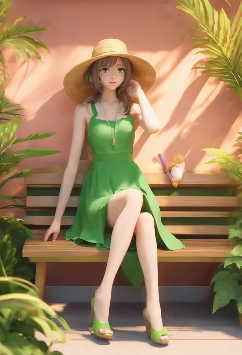 anime girl in green dress and straw hat sitting on a bench, nami one piece, nami from one piece, nami, from one piece, oppai, beautiful portrait of nami, one piece, inspired by Eiichiro Oda, by Kentaro Miura, with straw hat, by Okada Beisanjin, marin kitag...