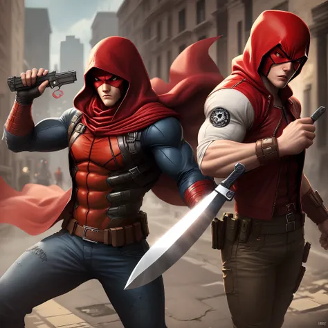 Super soldier in red hood guns and knives