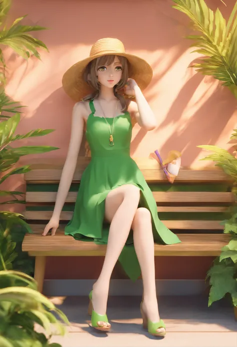 anime girl in green dress and straw hat sitting on a bench, nami one piece, nami from one piece, nami, from one piece, oppai, beautiful portrait of nami, one piece, inspired by Eiichiro Oda, by Kentaro Miura, with straw hat, by Okada Beisanjin, marin kitag...