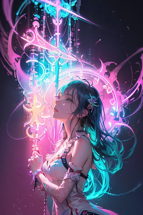 (masutepiece, of the highest quality, Best Quality, offcial art, Beautiful and aesthetic:1.2), (1girll:1.3), Extremely detailed,(Fractal Art:1.2),Colorful,highest details,( Zen Neon:1.2), (Dynamic Pose), (Abstract background neon lights:1.5), (Trident Dres...