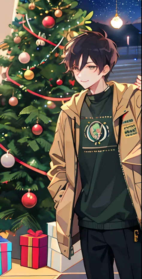 anime boy standing in front of a christmas tree with presents, kawacy, makoto, avatar image, animesque, rb6s), [[[[grinning evily]]]], profile picture 1024px, high quality fanart, rin, official artwork, shuushuu anime image, 2 0 2 2 anime style