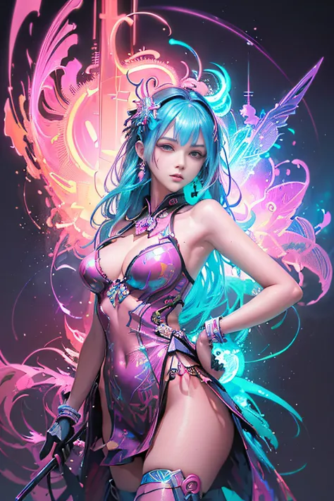 (masutepiece, of the highest quality, Best Quality, offcial art, Beautiful and aesthetic:1.2), (1girll:1.3), Extremely detailed,(Fractal Art:1.2),Colorful,highest details,( Zen Neon:1.2), (Dynamic Pose), (Abstract background neon lights:1.5), (Trident Dres...