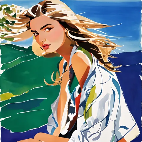 David downton fashion illustration, drawing, blonde bob thin hair 1woman, perfect face, andreea diaconu mix monika jagaciak, trendy blue denim jacket, slim figure, tuscany green landscape, italy, grape, sunlight