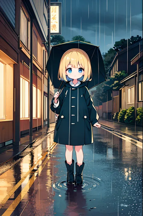 Photo of a little girl with an umbrella on a rainy day、The umbrella is a large colorful pattern、long boots、The road surface is wet