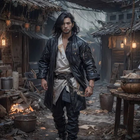 Full body male chef 32K（tmasterpiece，k hd，hyper HD，32K）Long flowing black hair，Camping ruins area，zydink， a color， patriot （废墟）， （Linen batik scarf）， Angry fighting stance， looking at the ground， Linen bandana， Chinese python pattern long-sleeved garment， ...