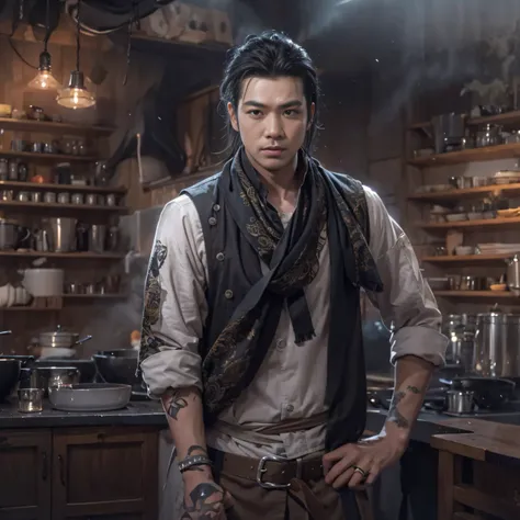 Full body male chef 32K（tmasterpiece，k hd，hyper HD，32K）Long flowing black hair，Camping ruins area，zydink， a color， patriot （废墟）， （Linen batik scarf）， Angry fighting stance， looking at the ground， Linen bandana， Chinese python pattern long-sleeved garment， ...