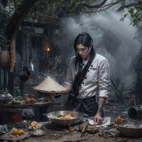 Full body male chef 32K（tmasterpiece，k hd，hyper HD，32K）Long flowing black hair，Camping ruins area，zydink， a color， patriot （废墟）， （Linen batik scarf）， Angry fighting stance， looking at the ground， Linen bandana， Chinese python pattern long-sleeved garment， ...