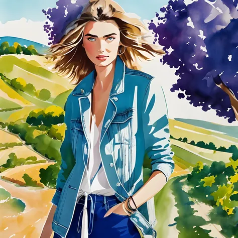 David downton fashion illustration, drawing, blonde bob thin hair 1woman, perfect face, andreea diaconu mix monika jagaciak, trendy blue denim jacket, slim figure, tuscany green landscape, italy, grape, sunlight