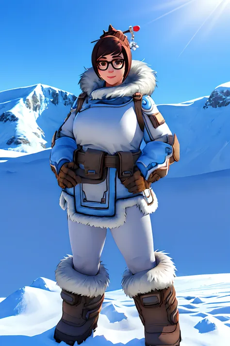 mei, confident pose, hands on hips, fur-trimmed coat, looking at the horizon, glasses, fur footwear, brown eyes, hair bun, hair ...