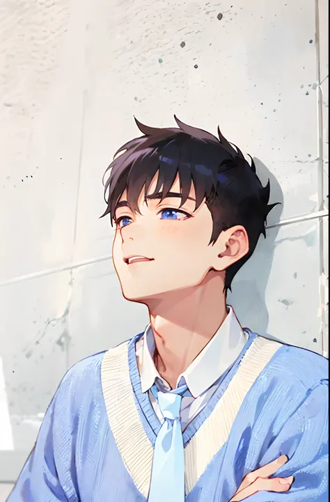 anime boy with blue eyes and a blue sweater and tie, inspired by Bian Shoumin, kentaro miura manga art style, in an anime style, anime style portrait, shinji, inspired by Ma Yuanyu, digital anime illustration, anime portrait of a handsome man, in anime sty...