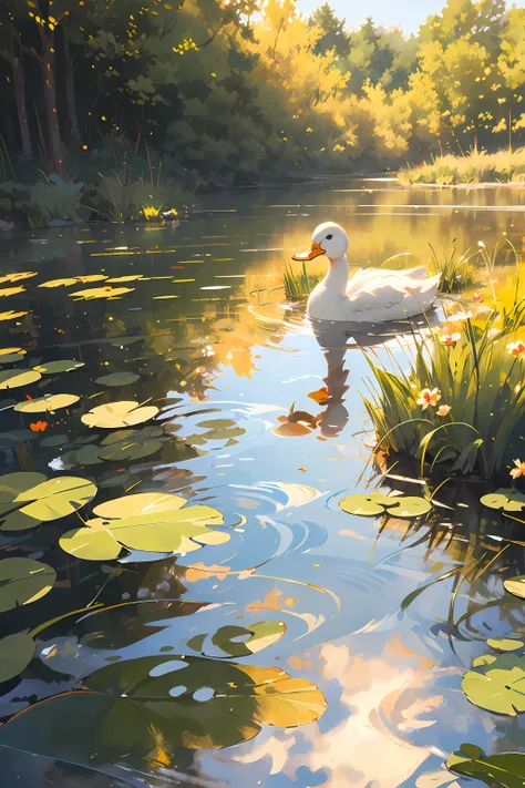 (masterpiece:1.2), best quality,pixiv,duck, reflection,reflective water