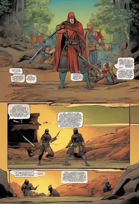 American comics, the comic story is presented in multiple irregular panels with color. Two Ninjas put their usual weapons down and start training with lightsabers and finding the Holocrons. The style is exaggerated and detailed