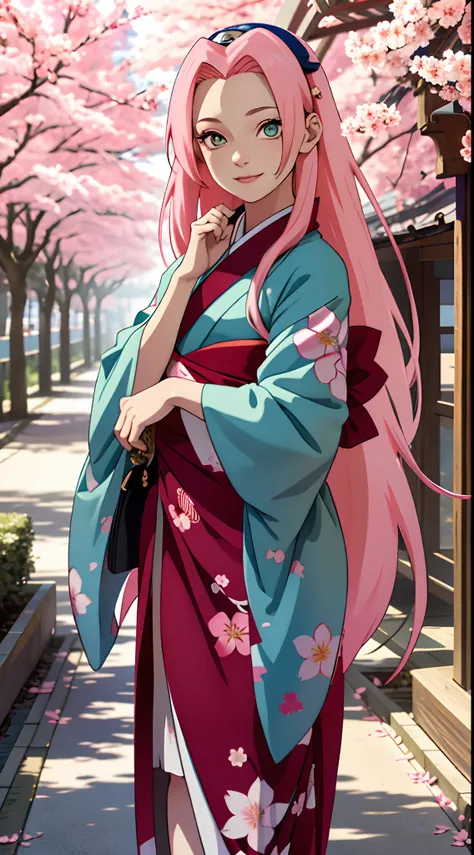 tmasterpiece， Best quality at best， 1girll， Sakura Haruno，（Full body close-up)，Raised sexy，is shy，ssmile，with pink hair， long whitr hair，in a kimono，（Green eyeballs:1.4)， Forehead protection，Under the cherry blossom trees，Fluttering cherry blossoms，low-sat...