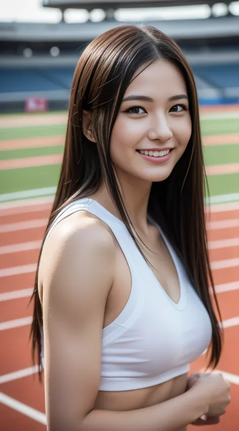 (((Short、Long distance、profuse sweat)))、1 beautiful girl、leaning-forward，chest closer、Wet shirt、a wet body、((track & Track and field athlete women))、(((1人)))、((Hairstyle short))、Competition uniforms、((Stadium))、Extraordinarily cute、A slight smil、Beautiful ...