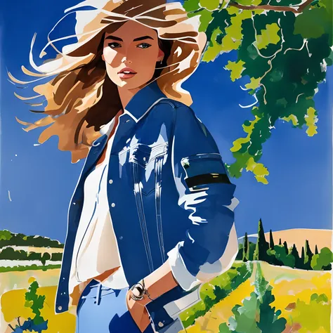 David downton fashion illustration, drawing, blonde bob thin hair 1woman, perfect face, andreea diaconu mix monika jagaciak, trendy blue denim jacket, slim figure, tuscany green landscape, italy, grape, sunlight