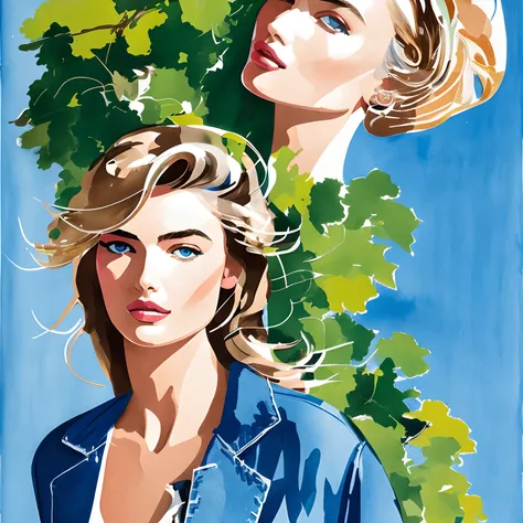 David downton fashion illustration, drawing, blonde bob thin hair 1woman, perfect face, andreea diaconu mix monika jagaciak, trendy blue denim jacket, slim figure, tuscany green landscape, italy, grape, sunlight