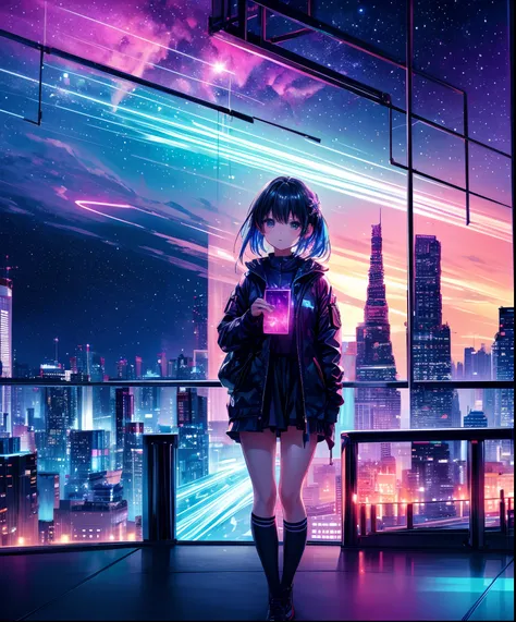 Cute girl characters、 Night view from a high place、Depict a large number of skyscrapers, Looking up at the starry sky. Surround her with colorful nebulae and colorful metropolis.