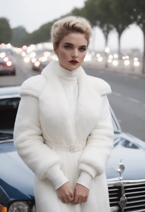 Diana painted in a fluffy white outfit, In Lizzie Lees car with all the lights on, Cigarette in hand, In the style of sculpture costumes, White and navy blue, Mote Artist, Carolina Herrera, Halloween, furry art, Tom Bagshaw, Minimalist, magazine style