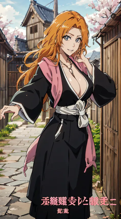 1 girl, Matsumoto Rangiku, huge breasts, japanese village background, official art, orange hair, blue eyes, long hair, cleavage, wavy hair, black kimono, silver chain, pink shawl, black wide sleeves, white sash, smile, facing towards the viewer, full body