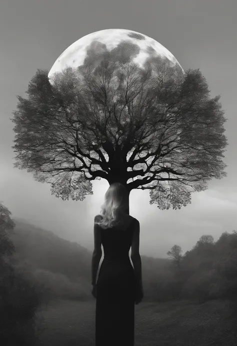 a double exposure photoillustration that merges the worlds of humans and autumn trees , styles of Dan Mountford and Dan Hillier, fullmoon, monochrome colors . The negative space should contribute to the overall balance, emphasizing the depth and layers.The...