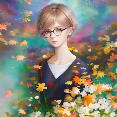 a painting by mse a woman wearing glasses by agnes cecile, short hair, luminous design, pastel colours, ink drips, autumn lights