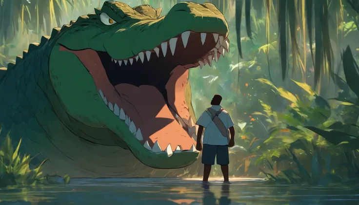 A black fat man in the mouth of a huge alligator, Grown by alligators in a swamp, cartoony, Africa, Jungle