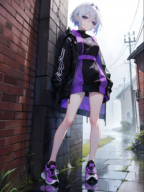 1 female body，leaning on wall，Fit your body,  white short messy hair, Sky blue eyes, black coat with purple pattern，Short black dress，ssmile，athletic sneakers ,rained，Wet ground，Rain on the body，sharp-focus，A high resolution, ultrasharp, 8K, Masterpiece, (...