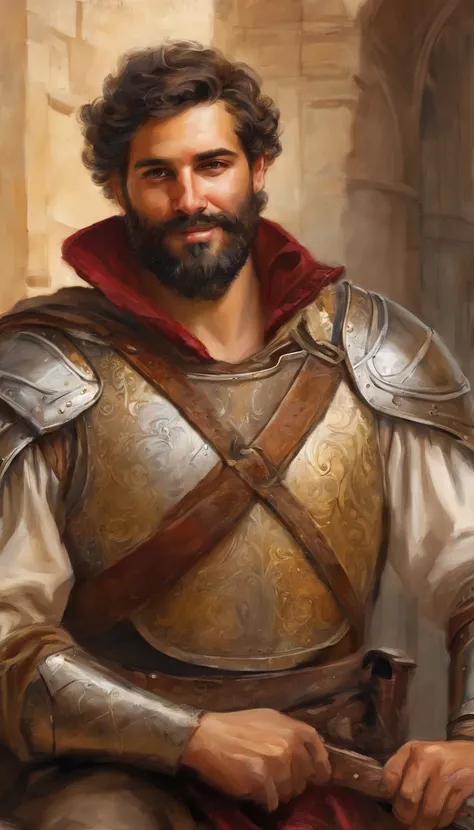 Italian man with beard, slight smirk, smirk, young, smile, curly hair, olive skin, tan skin, shoulder length hair, laminar leather armour, bright skies, brown hair, short beard, renaissance, renaissance armour, Venice, renaissance city, Italian city, Italy...