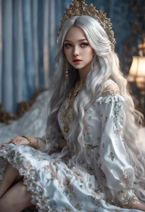 Long-haired realistic girl sitting on bed, front view, wearing beautiful clothes, seductive Russian girl, white-haired deity, exquisite details, loli in dress, realistic 4k.