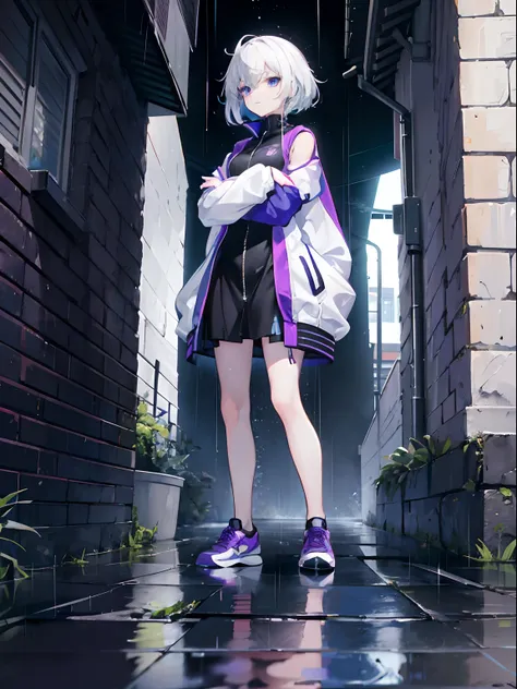 1 female body，leaning on wall，Fit your body,  white short messy hair, Sky blue eyes, black coat with purple pattern，Short black dress，ssmile，athletic sneakers ,rained，Wet ground，Rain on the body，sharp-focus，A high resolution, ultrasharp, 8K, Masterpiece, (...