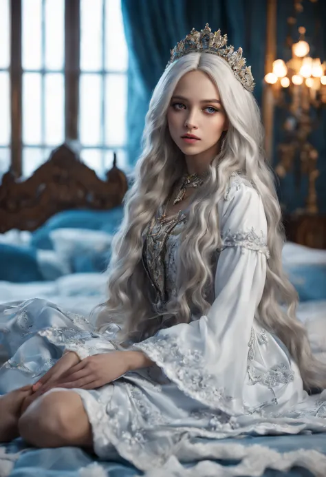 Long-haired realistic girl sitting on bed, front view, wearing beautiful clothes, seductive Russian girl, white-haired deity, exquisite details, loli in dress, realistic 4k.