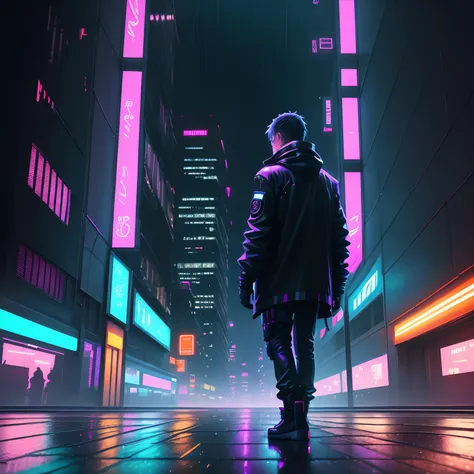 person in a cyberpunk, urban landscape, neon lights, rainy night, technologically advanced city, futuristic architecture, high-rise buildings, glowing holograms, reflecting on wet pavement, vibrant colors, dark and mysterious, anime art style