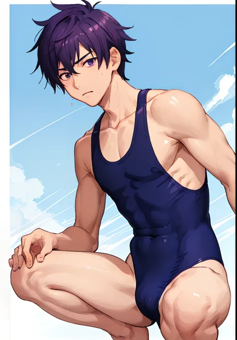 Boy with short purple hair, Boy with purple eyes, Anime boy in swimsuit, onepiece swimsuit, School swim wear, Beautiful anime boy crouching, Cool anime boy squatting, In a one-piece swimsuit, Ecchi anime style, Cool anime boy in a navy blue tanksuit, Schoo...